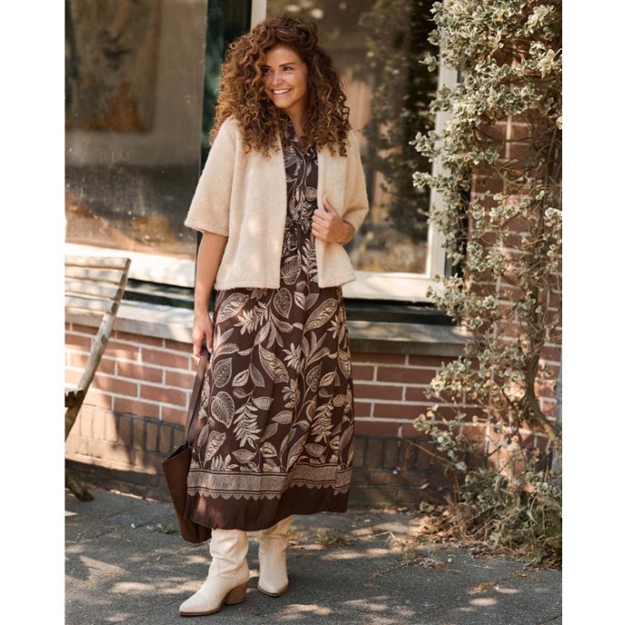 FOS Jurk 7844 Lalia blad rand Bruin ecru FOS Jurk 7844 Lalia blad rand Bruin ecru